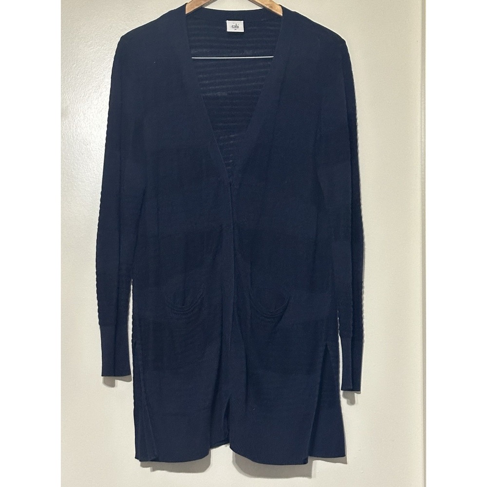 Cabi Womens Medium Sweater Long Line Button Cardigan Pocket Navy Blue Pockets